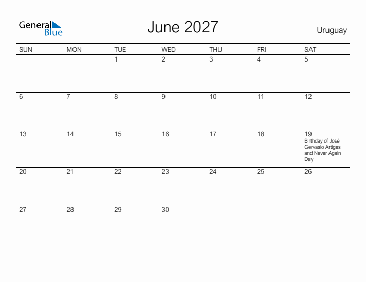 Printable June 2027 Calendar for Uruguay