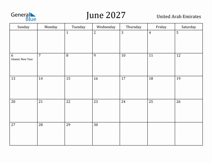 June 2027 Calendar United Arab Emirates