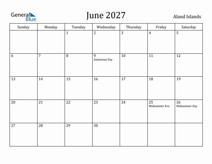 June 2027 Calendar Aland Islands