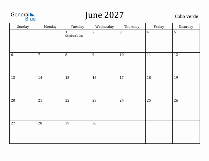 June 2027 Calendar Cabo Verde