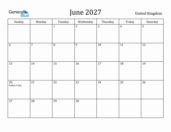 June 2027 Calendar United Kingdom