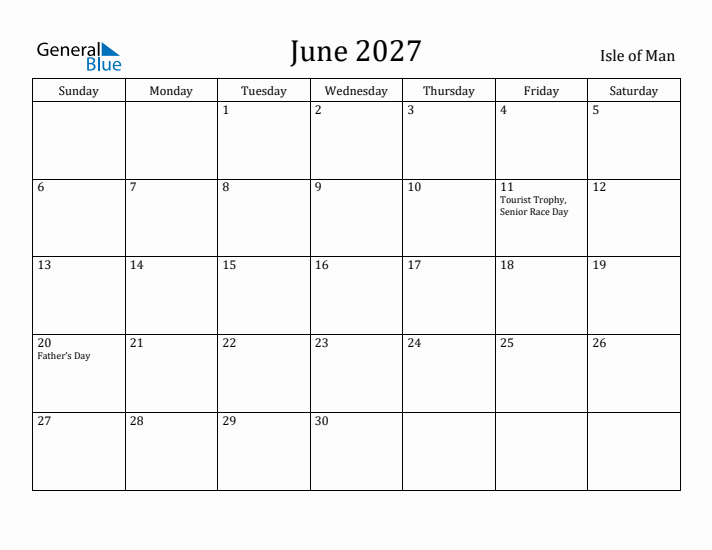 June 2027 Calendar Isle of Man