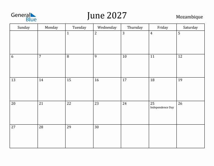 June 2027 Calendar Mozambique