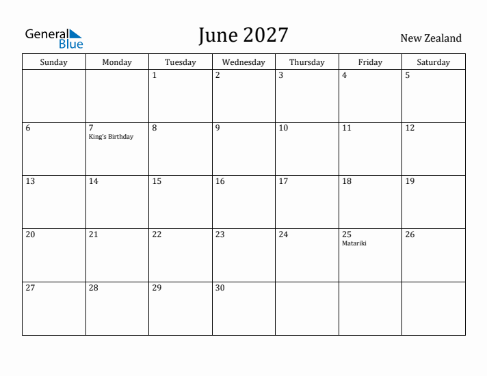 June 2027 Calendar New Zealand