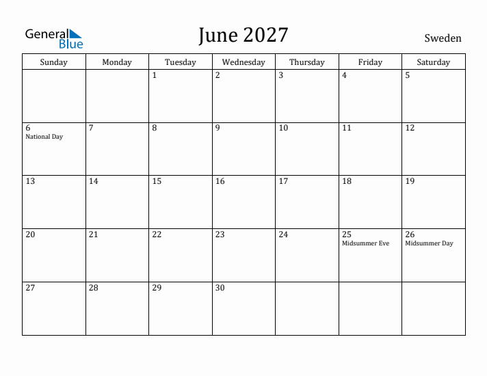 June 2027 Calendar Sweden