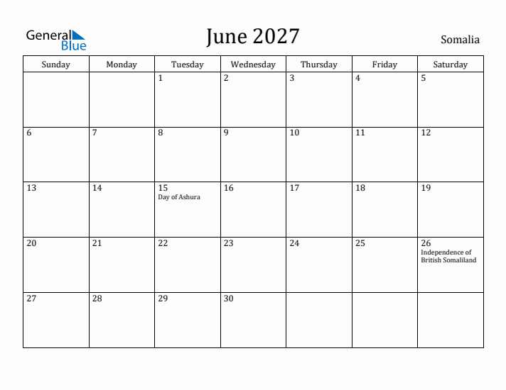 June 2027 Calendar Somalia