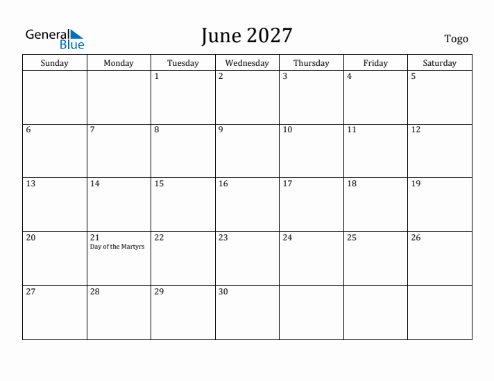 June 2027 Calendar Togo