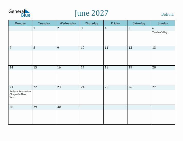 June 2027 Calendar with Holidays