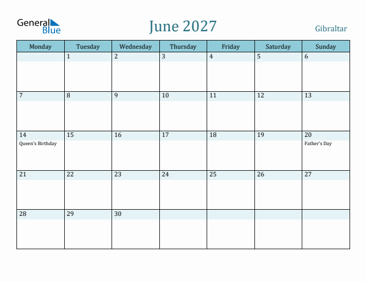 June 2027 Calendar with Holidays