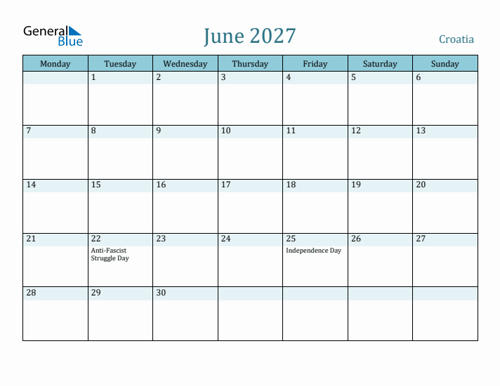 June 2027 Calendar with Holidays