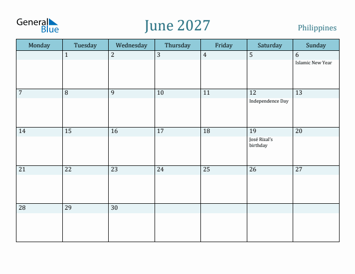 June 2027 Calendar with Holidays