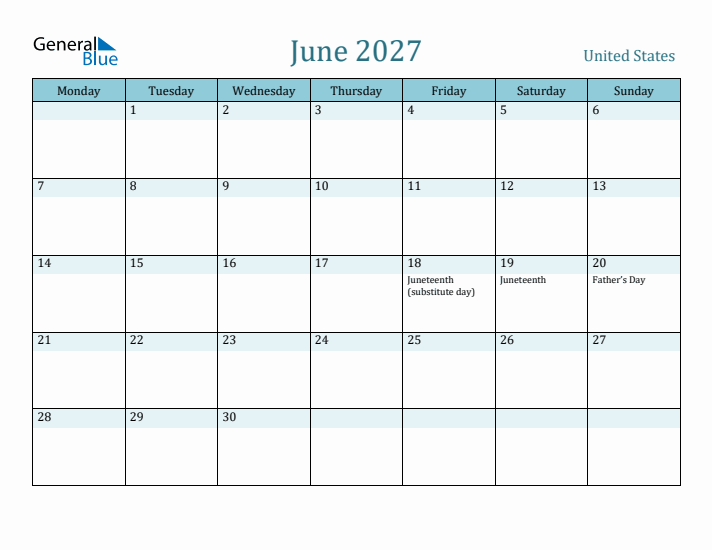 June 2027 Calendar with Holidays