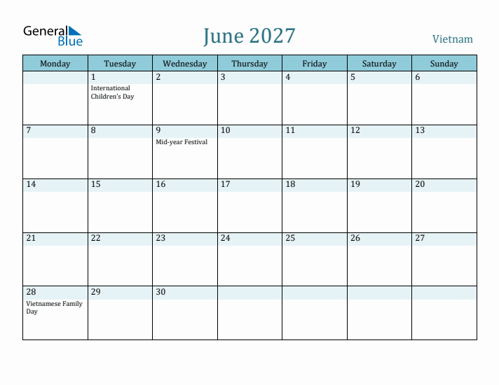 June 2027 Calendar with Holidays