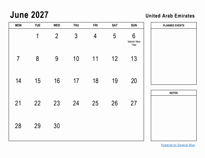 June 2027 Printable Monthly Calendar with United Arab Emirates Holidays