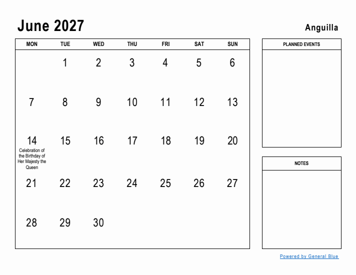 June 2027 Printable Monthly Calendar with Anguilla Holidays