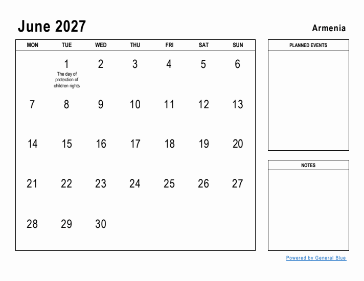 June 2027 Printable Monthly Calendar with Armenia Holidays