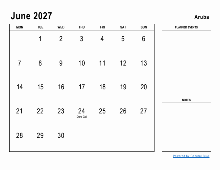 June 2027 Printable Monthly Calendar with Aruba Holidays