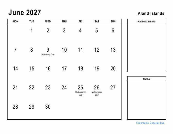 June 2027 Printable Monthly Calendar with Aland Islands Holidays