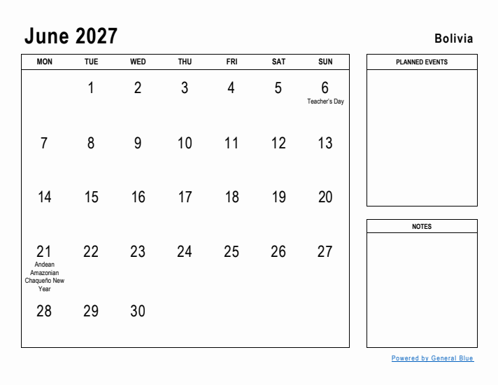 June 2027 Printable Monthly Calendar with Bolivia Holidays