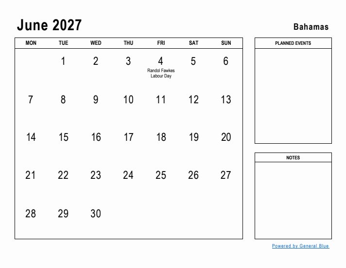 June 2027 Printable Monthly Calendar with Bahamas Holidays