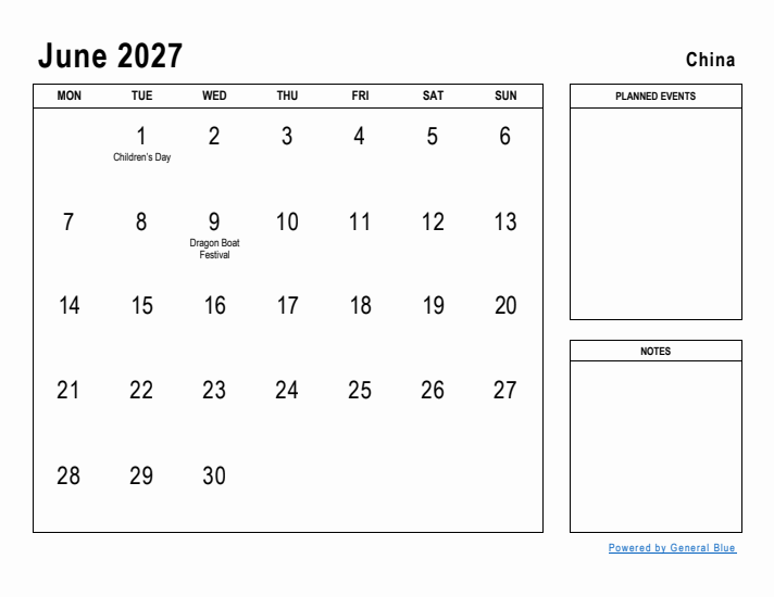 June 2027 Printable Monthly Calendar with China Holidays