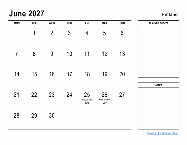 June 2027 Printable Monthly Calendar with Finland Holidays