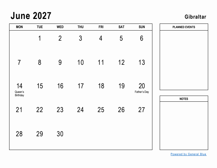 June 2027 Printable Monthly Calendar with Gibraltar Holidays