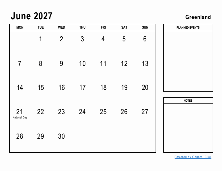 June 2027 Printable Monthly Calendar with Greenland Holidays