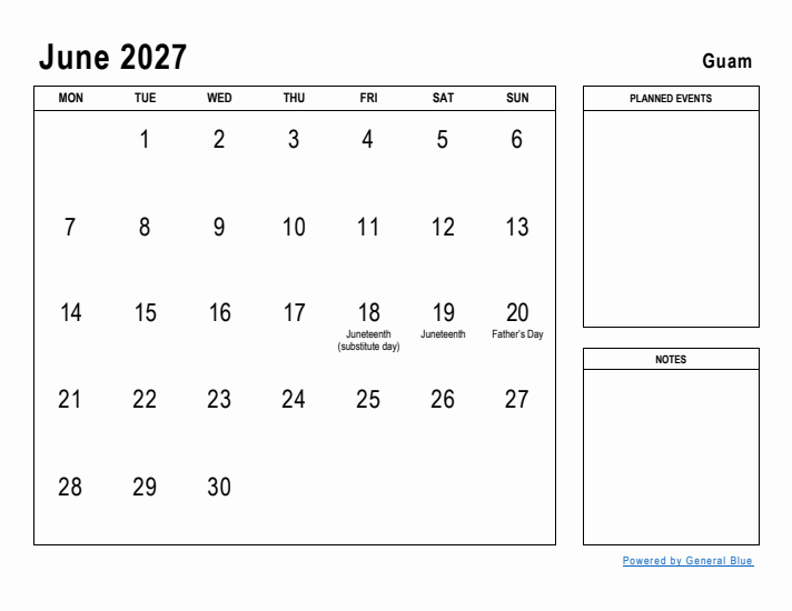 June 2027 Printable Monthly Calendar with Guam Holidays