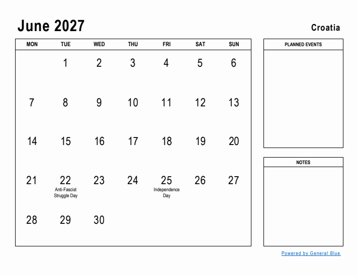 June 2027 Printable Monthly Calendar with Croatia Holidays