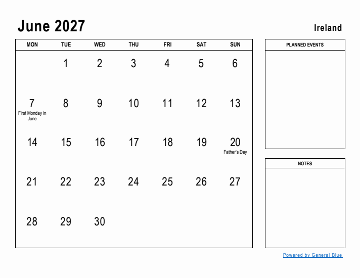 June 2027 Printable Monthly Calendar with Ireland Holidays