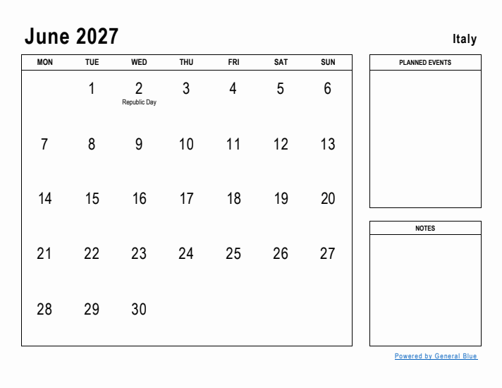 June 2027 Printable Monthly Calendar with Italy Holidays