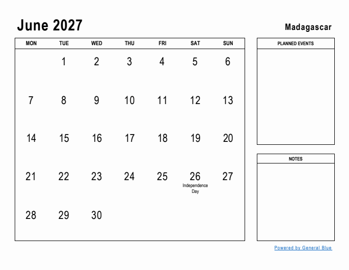 June 2027 Printable Monthly Calendar with Madagascar Holidays