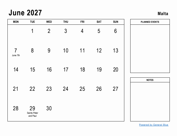 June 2027 Printable Monthly Calendar with Malta Holidays