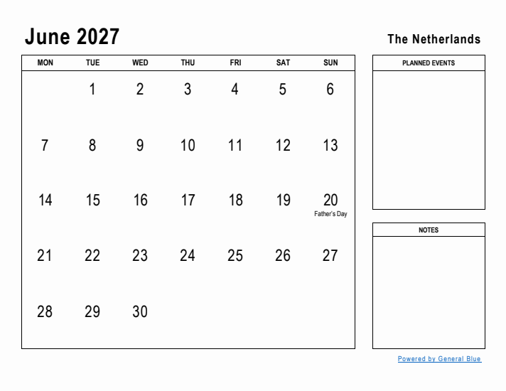 June 2027 Printable Monthly Calendar with The Netherlands Holidays