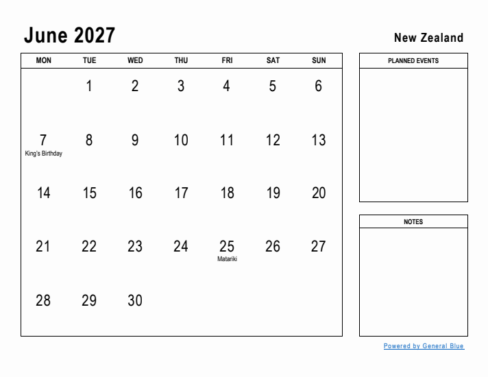 June 2027 Printable Monthly Calendar with New Zealand Holidays