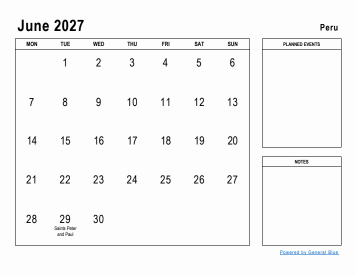 June 2027 Printable Monthly Calendar with Peru Holidays