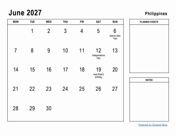 June 2027 Printable Monthly Calendar with Philippines Holidays