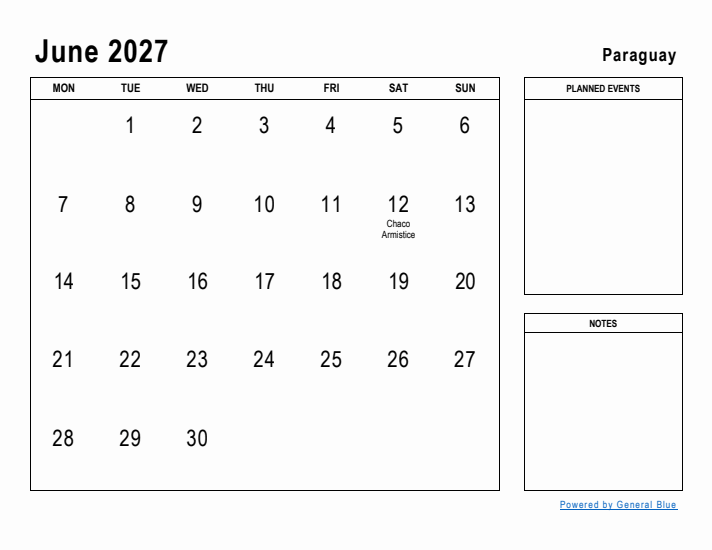 June 2027 Printable Monthly Calendar with Paraguay Holidays