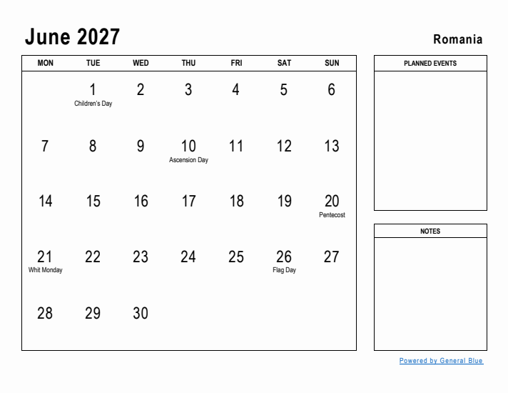 June 2027 Printable Monthly Calendar with Romania Holidays