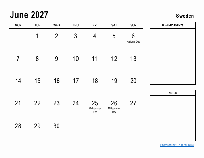 June 2027 Printable Monthly Calendar with Sweden Holidays