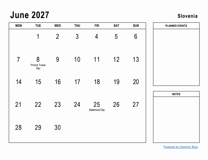 June 2027 Printable Monthly Calendar with Slovenia Holidays