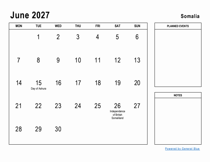 June 2027 Printable Monthly Calendar with Somalia Holidays