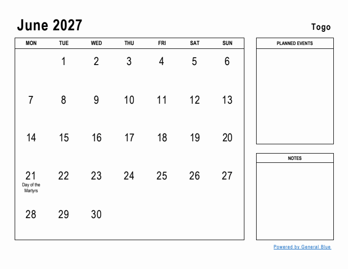 June 2027 Printable Monthly Calendar with Togo Holidays