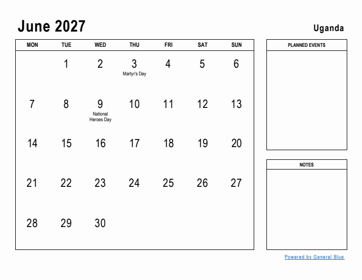 June 2027 Printable Monthly Calendar with Uganda Holidays