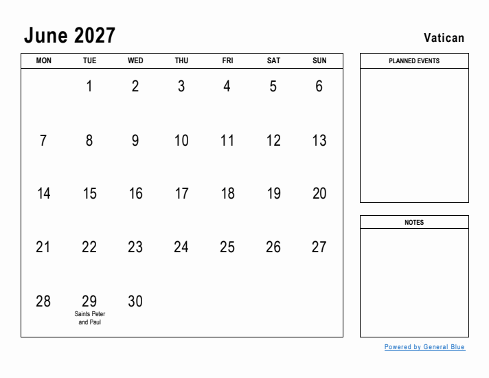 June 2027 Printable Monthly Calendar with Vatican Holidays