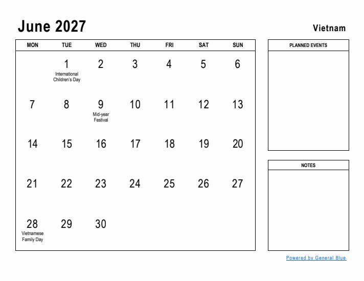 June 2027 Printable Monthly Calendar with Vietnam Holidays