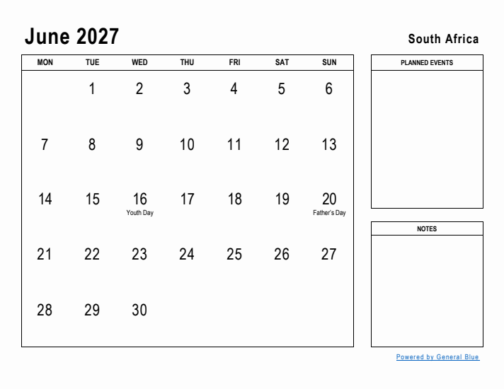 June 2027 Printable Monthly Calendar with South Africa Holidays