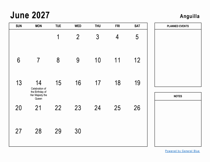 June 2027 Printable Monthly Calendar with Anguilla Holidays