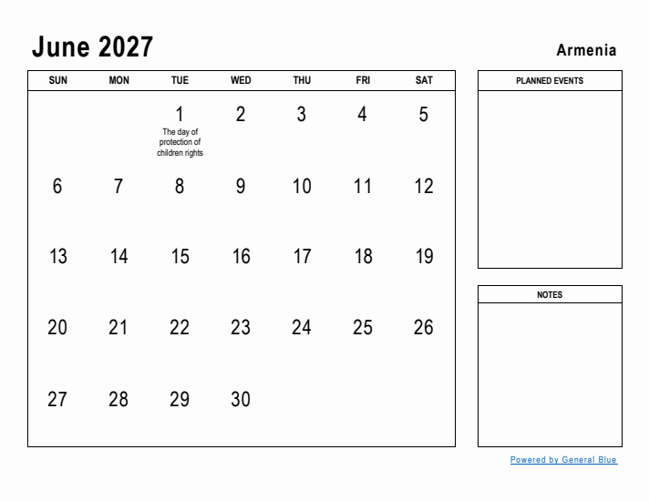 June 2027 Printable Monthly Calendar with Armenia Holidays